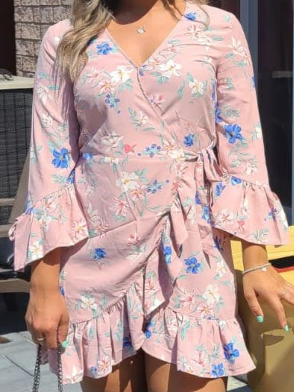 Floral Pink Ruffle Wrap Dress
